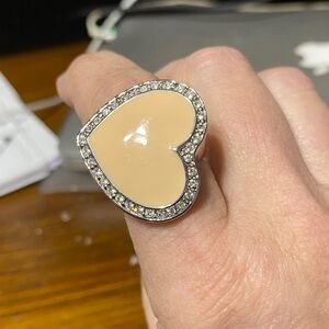 Camille Lucie signed Enamel Heart silver tone & rhinestine cocktail ring size 9